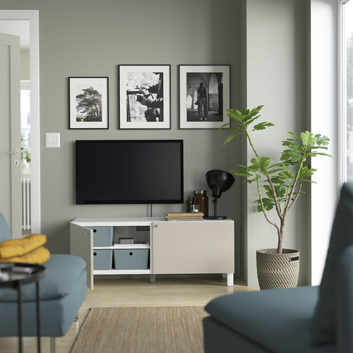 BESTÅ TV bench with doors, white Lappviken/Stubbarp/light grey/beige, 120x42x48 cm
