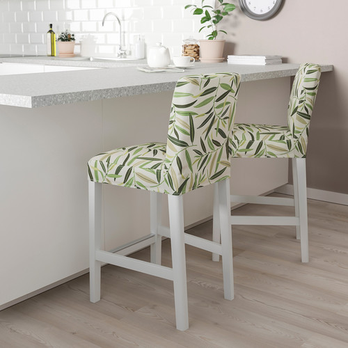 BERGMUND Bar stool with backrest, white, Fågelfors multicolour, 62 cm