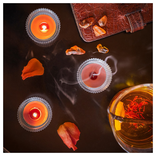 ROSENSLÅN Scented tealight, amber & rose/red/brown, 3.5 hr, 30 pack