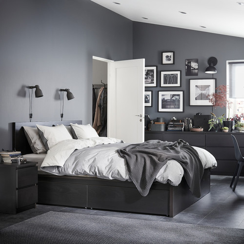 MALM Bed frame, high, w 4 storage boxes, black-brown, 160x200 cm