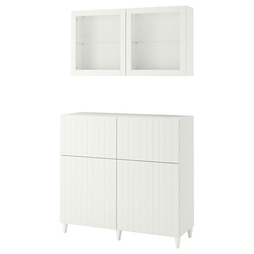 BESTÅ Storage combination w doors/drawers, white/Sutterviken/Kabbarp white clear glass, 120x42x213 cm