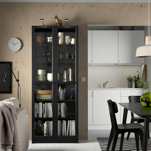 BILLY / OXBERG Bookcase w glass doors, black oak effect, 80x30x202 cm