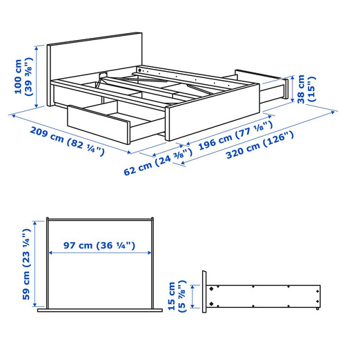 MALM Bed frame, high, w 4 storage boxes, white stained oak veneer, Luröy, 180x200 cm