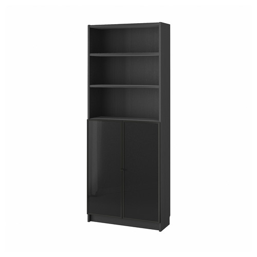 BILLY / HÖGBO Bookcase w glass doors, black oak effect, 80x30x202 cm