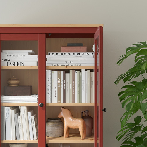 HEMNES Glass-door cabinet with 3 drawers, red stained/light brown stained, 90x197 cm