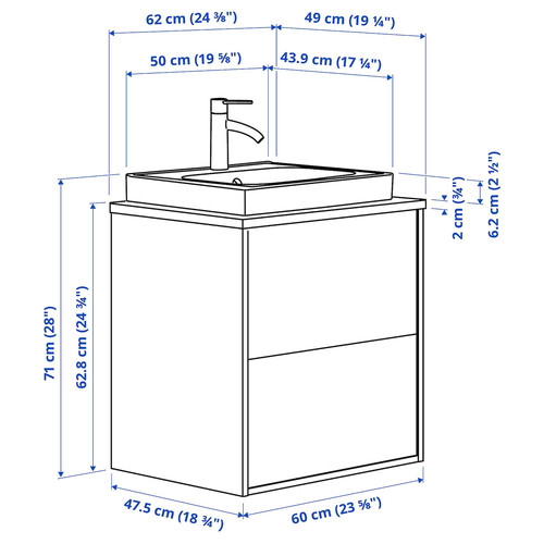 HAVBÄCK / ORRSJÖN Wash-stnd w drawers/wash-basin/tap, dark grey/black marble effect, 62x49x71 cm