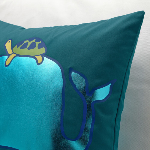 BLÅVINGAD Cushion cover, whale pattern/blue-green, 50x50 cm