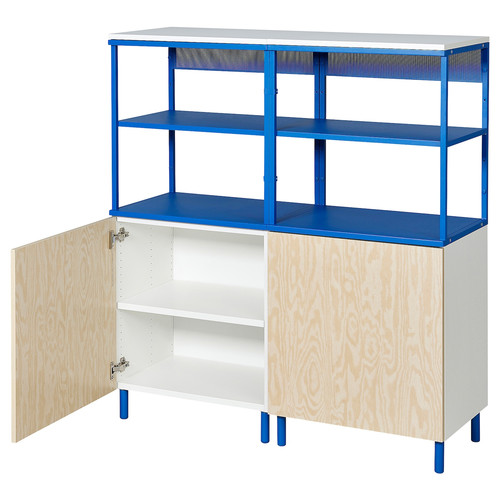 PLATSA Open storage combination w 2 doors, white Kalbåden/blue, 120x42x133 cm