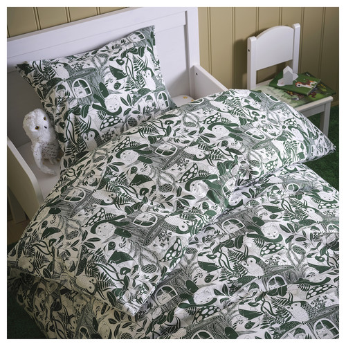 SKOGSDUVA Duvet cover and pillowcase, white green/forest pattern, 150x200/50x60 cm