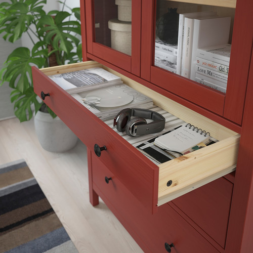 HEMNES Storage combination w doors/drawers, red stained/light brown stained, 180x197 cm