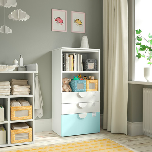 SMÅSTAD / PLATSA Bookcase, white pale turquoise/with 3 drawers, 60x42x123 cm