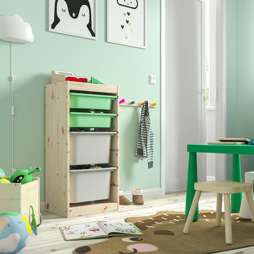 TROFAST Storage combination with boxes, light white stained pine/light green grey, 44x30x91 cm