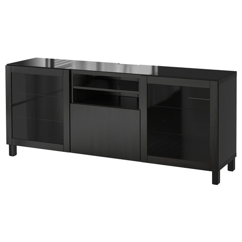 BESTÅ TV bench, Lappviken/Sindvik black-brown clear glass, 180x40x74 cm