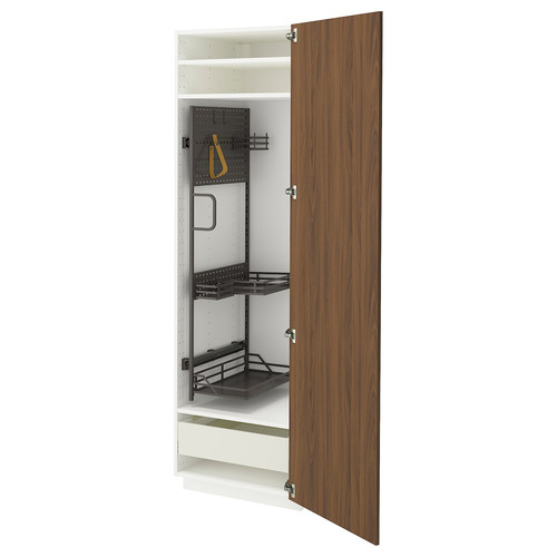 METOD / MAXIMERA High cabinet with cleaning interior, white/Tistorp brown walnut imitation, 60x60x200 cm