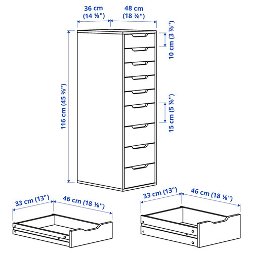 ALEX Drawer unit with 9 drawers, white stained/oak effect, 36x116 cm