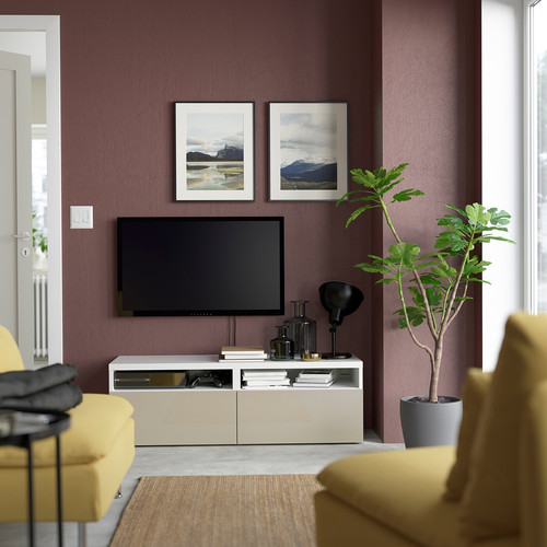 BESTÅ TV bench with drawers, white/Selsviken high-gloss/beige, 120x42x39 cm