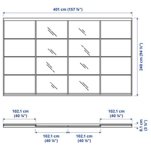 SKYTTA / MEHAMN/AULI Sliding door combination, aluminium/white stained oak effect mirror glass, 401x240 cm