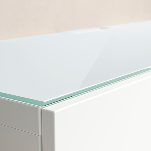 BESTÅ Top panel for TV, glass white/light green, 180x40 cm