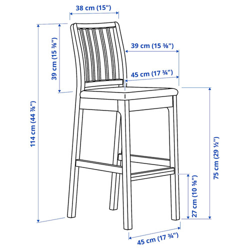 EKEDALEN Bar stool with backrest, dark brown, Orrsta light grey, 75 cm