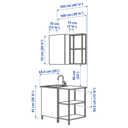 ENHET Kitchen, anthracite, white, 103x63.5x222 cm