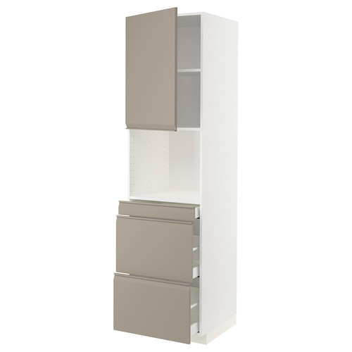 METOD / MAXIMERA Hi cab f micro combi w door/3 drwrs, white/Upplöv matt dark beige, 60x60x220 cm