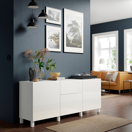 BESTÅ Storage combination with drawers, white/Selsviken/Stubbarp high-gloss/white, 180x42x74 cm