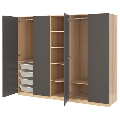 PAX Wardrobe, white stained oak effect, Meråker dark grey, 250x60x201 cm