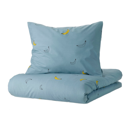 VÄNKRETS Duvet cover and pillowcase, banana pattern blue, 150x200/50x60 cm