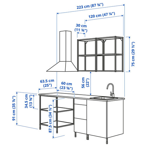 ENHET Kitchen, white, oak effect, 223x63.5x222 cm