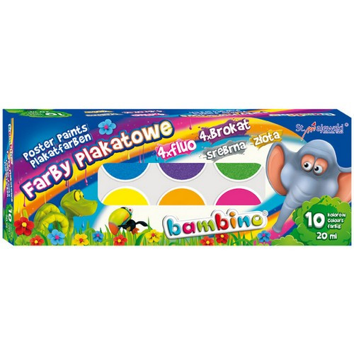 Bambino Poster Paints 10 Colours x 20ml (4x Fluo, 4x Glitter, Silver & Gold)