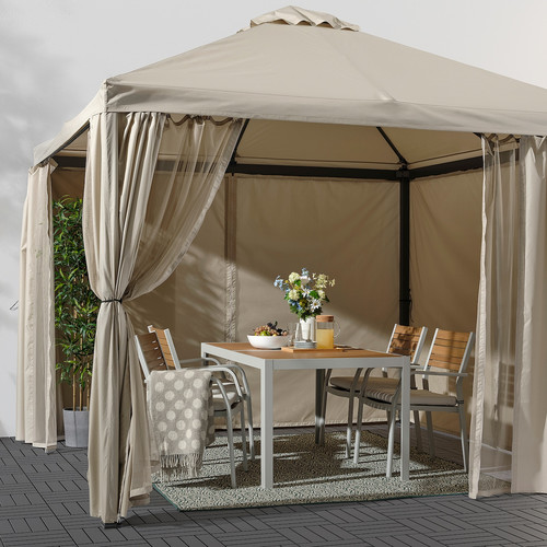 HIMMELSÖ Gazebo with curtains and net, dark grey/grey-beige