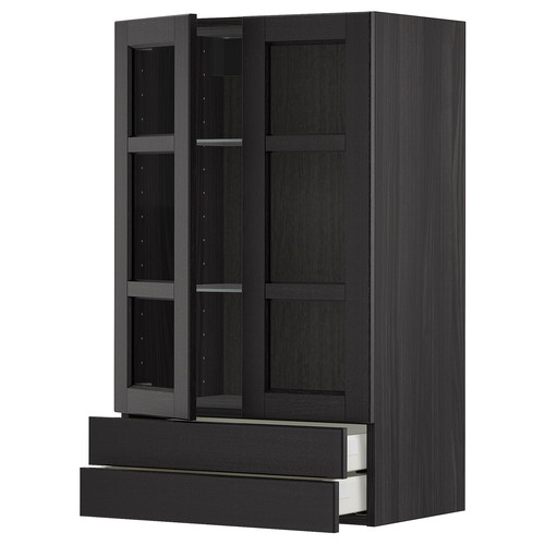 METOD / MAXIMERA Wall cab w 2 glass doors/2 drawers, black/Lerhyttan black stained, 60x100 cm