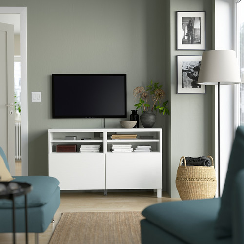 BESTÅ TV bench with doors, white/Laxviken/Stubbarp white, 120x42x74 cm