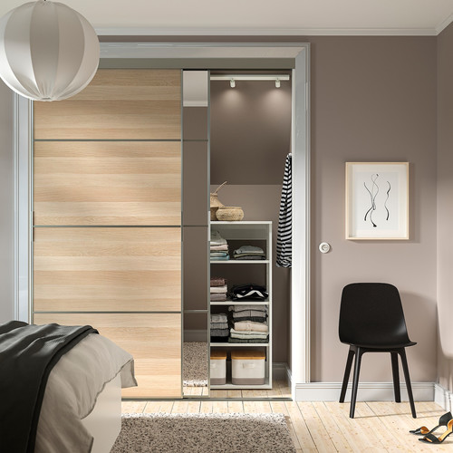 SKYTTA / MEHAMN/AULI Sliding door combination, aluminium double sided/white stained oak effect mirror glass, 177x240 cm