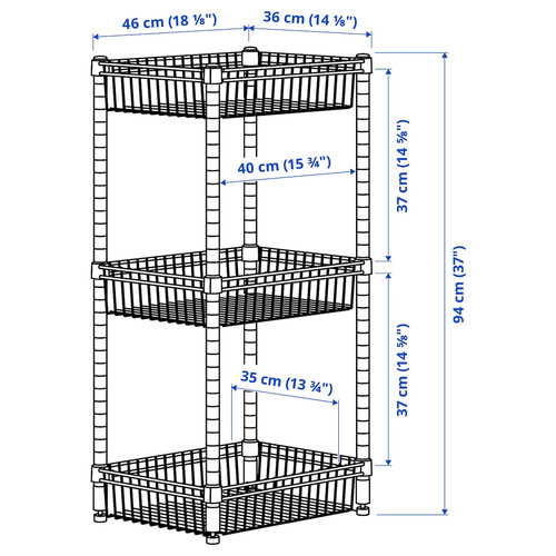 OMAR Shelving unit with 3 baskets, galvanised, 46x36x94 cm