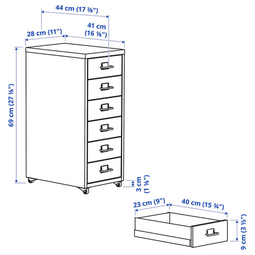 HELMER Drawer unit on castors, blue, 28x69 cm