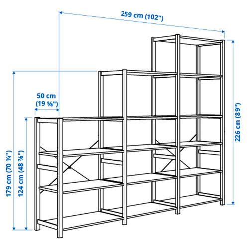 IVAR 3 sections/shelves, pine, 259x50x226 cm