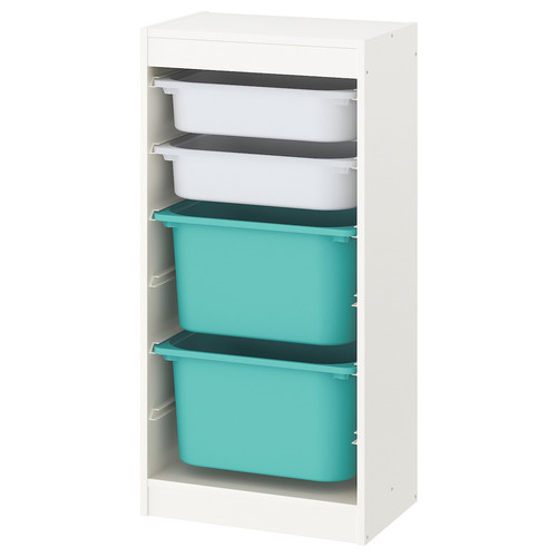 TROFAST Storage combination with boxes, white/white turquoise, 46x30x94 cm