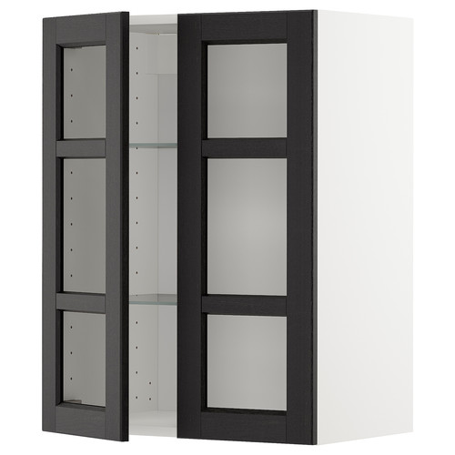 METOD Wall cabinet w shelves/2 glass drs, white/Lerhyttan black stained, 60x80 cm