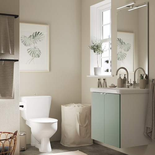 ENHET / TVÄLLEN Wash-stnd w doors/wash-basin/tap, white/pale grey-green, 64x43x65 cm