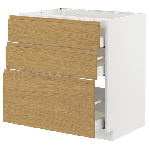 METOD / MAXIMERA Base cab f hob/3 fronts/3 drawers, white/Voxtorp oak effect, 80x60 cm