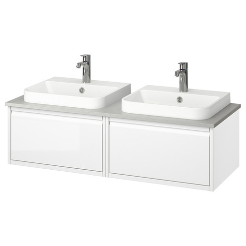 ÄNGSJÖN / BACKSJÖN Wash-stand/wash-basins/taps, high-gloss white/grey stone effect, 122x49x41 cm