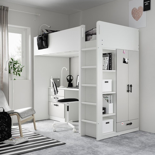 SMÅSTAD Loft bed, white grey/with desk with 4 drawers, 90x200 cm