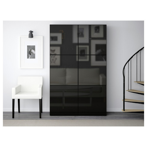 BESTÅ Storage combination w/glass doors, black-brown, Selsviken high-gloss/black, dimmed glass, 120x40x192 cm