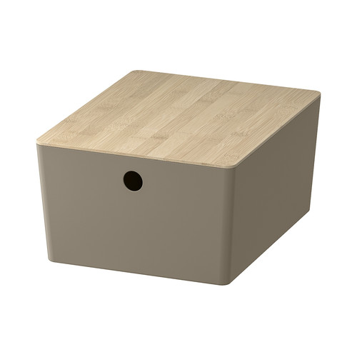 KUGGIS Box with lid, dark grey-beige/bamboo, 26x35x15 cm