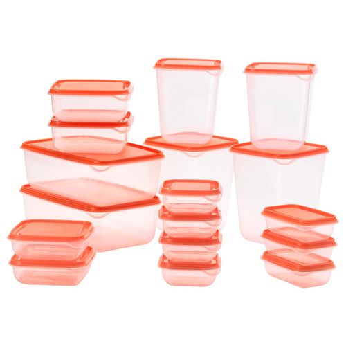 PRUTA Set of containers, 17 pcs, transparent/orange