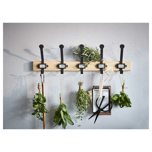 KARTOTEK Rack with 5 hooks, pine, grey