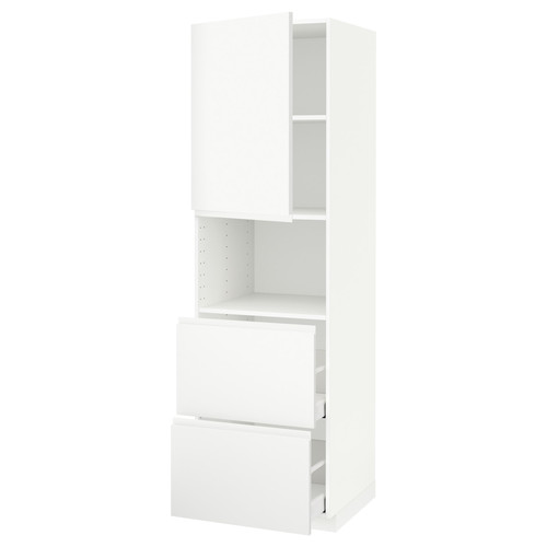 METOD / MAXIMERA Hi cab f micro w door/2 drawers, white/Voxtorp matt white, 60x60x200 cm