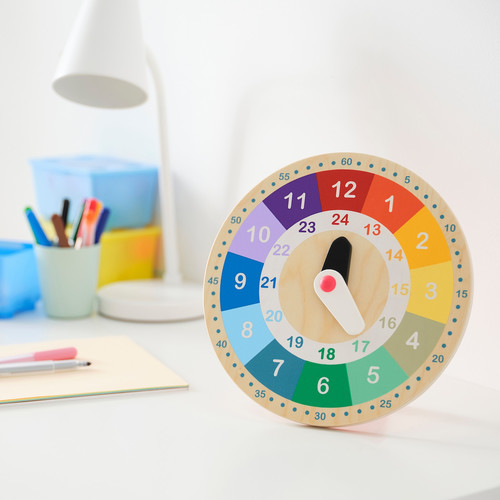 UNDERHÅLLA Educational wooden clock, multicolour, 25 cm