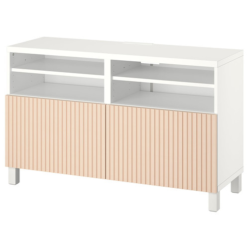 BESTÅ TV bench with doors, white/Björköviken/Stubbarp birch veneer, 120x42x74 cm